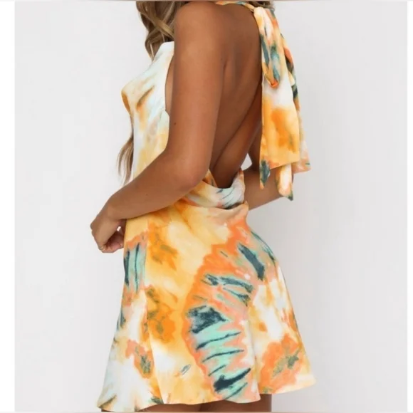 NWT Hello Molly Green Yellow Tie Dye Halter Neck Summer Mini Dress Size 4 - Picture 2 of 13